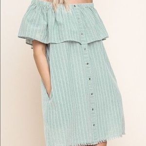 Umgee Striped Off Shoulder Button Up Pocket Dress
